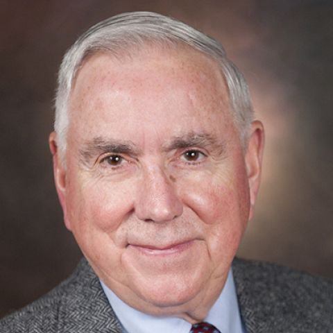 A man with neat gray hair poses in a gray tweed jacket, light blue dress shirt, and patterned burgundy tie