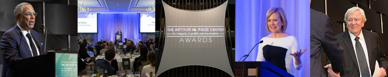 Composite of five images of people speaking at an awards ceremony