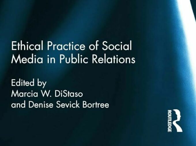 Abstract blue curves on a book cover with the title Ethical Practices of Social Media in Public Relations