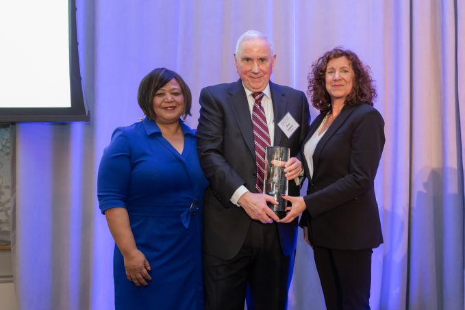 Board members Sandra Clark (left) and Suki Dardarian (right) with Larry Foster Award honoree Gene Foreman