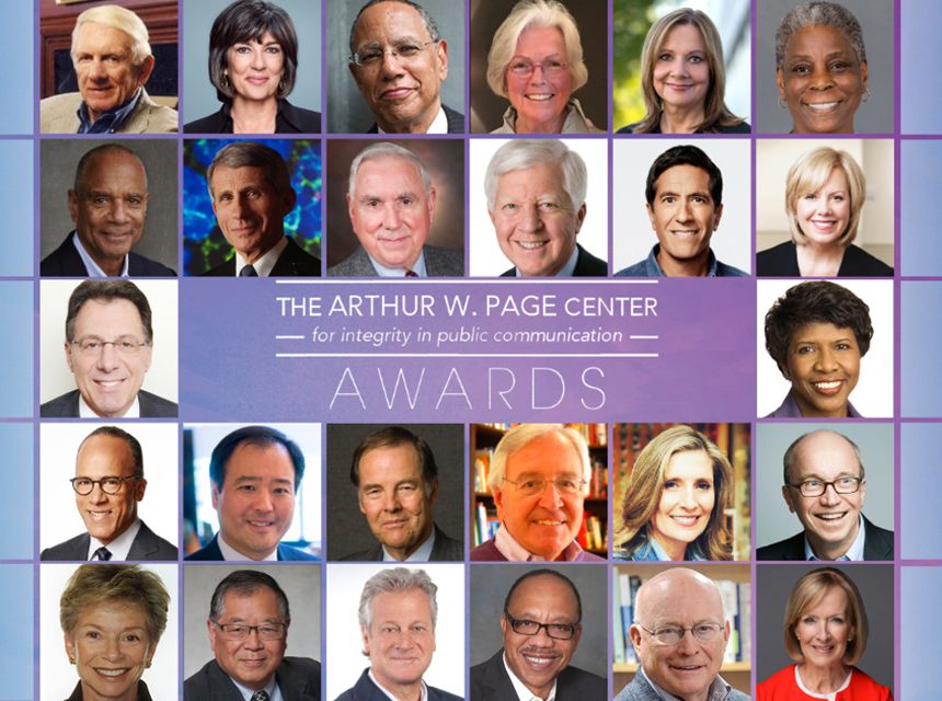 A collage of all 25 Larry Foster Award recipients with the Page Center Awards logo in the middle.