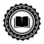 Scholastica logomark of open book within a circular seal.