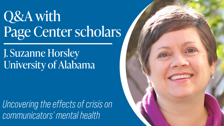 Title card featuring a woman with short brown hair smiling at the camera. Card reads: Q&A with Page Center scholars, J. Suzanne Horsley, University of Alabama