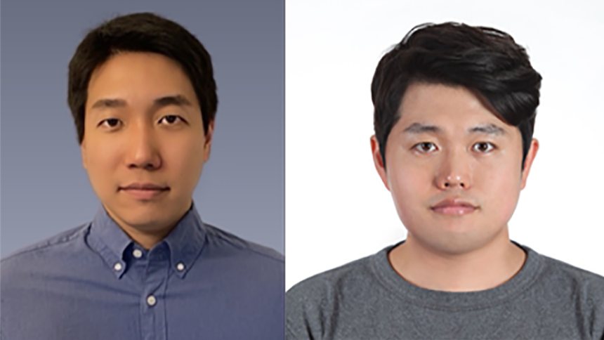 Split frame image of two men with short black hair posing in front of studio backgrounds