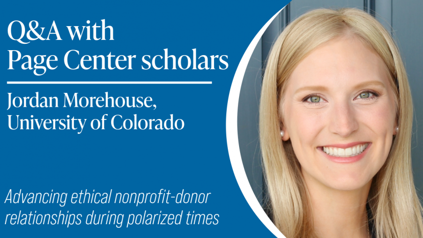 Title card featuring a woman with long straight blonde hair smiling for the camera. Card reads: Q&A with Page Center scholars, Jordan Morehouse, University of Colorado