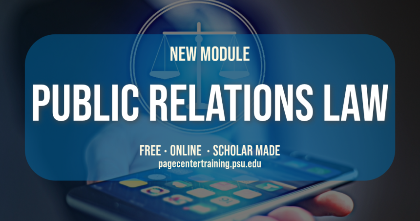 Title card reading "New module: Public Relations Law" Free, online and scholar made.