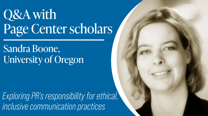 Title card featuring a black and white photo of a woman with shoulder-length blonde hair smiling at the camera. Card reads: Q&A with Page Center scholars, Sandra Boone, University of Oregon