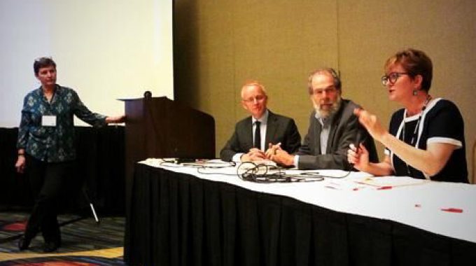 Adrian Edwards, Peter Laufer and Colleen Connolly-Ahern at the AEJMC conference in San Francisco