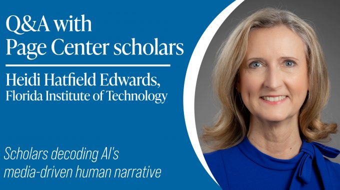 Title Card with a photo of woman with shoulder length hair smiling at the camera. The card reads Q&A with Page Center scholars: Scholars decoding AI's media-driven human narrative