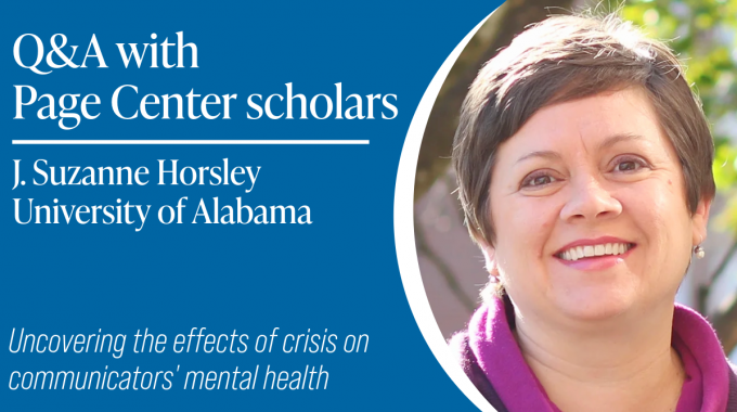 Title card featuring a woman with short brown hair smiling at the camera. Card reads: Q&A with Page Center scholars, J. Suzanne Horsley, University of Alabama