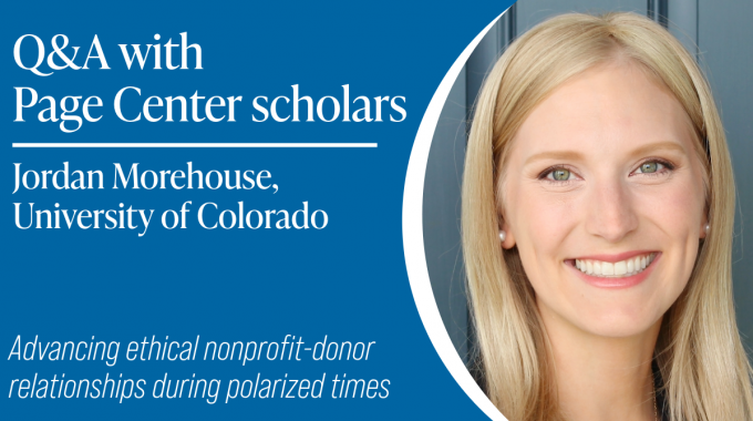 Title card featuring a woman with long straight blonde hair smiling for the camera. Card reads: Q&A with Page Center scholars, Jordan Morehouse, University of Colorado