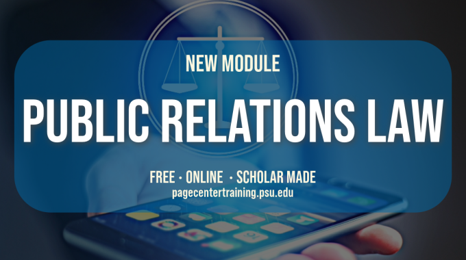 Title card reading "New module: Public Relations Law" Free, online and scholar made.