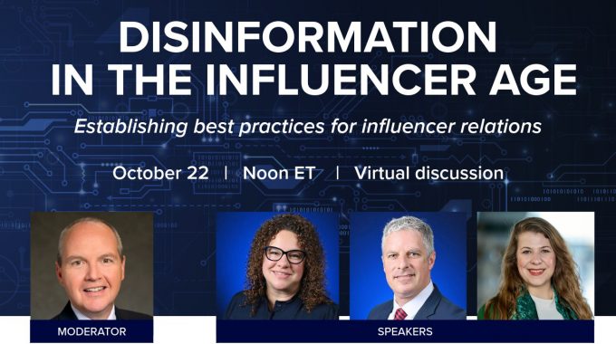 Disinformation in the Influencer Age title card with profile photos of three speakers and a moderator.